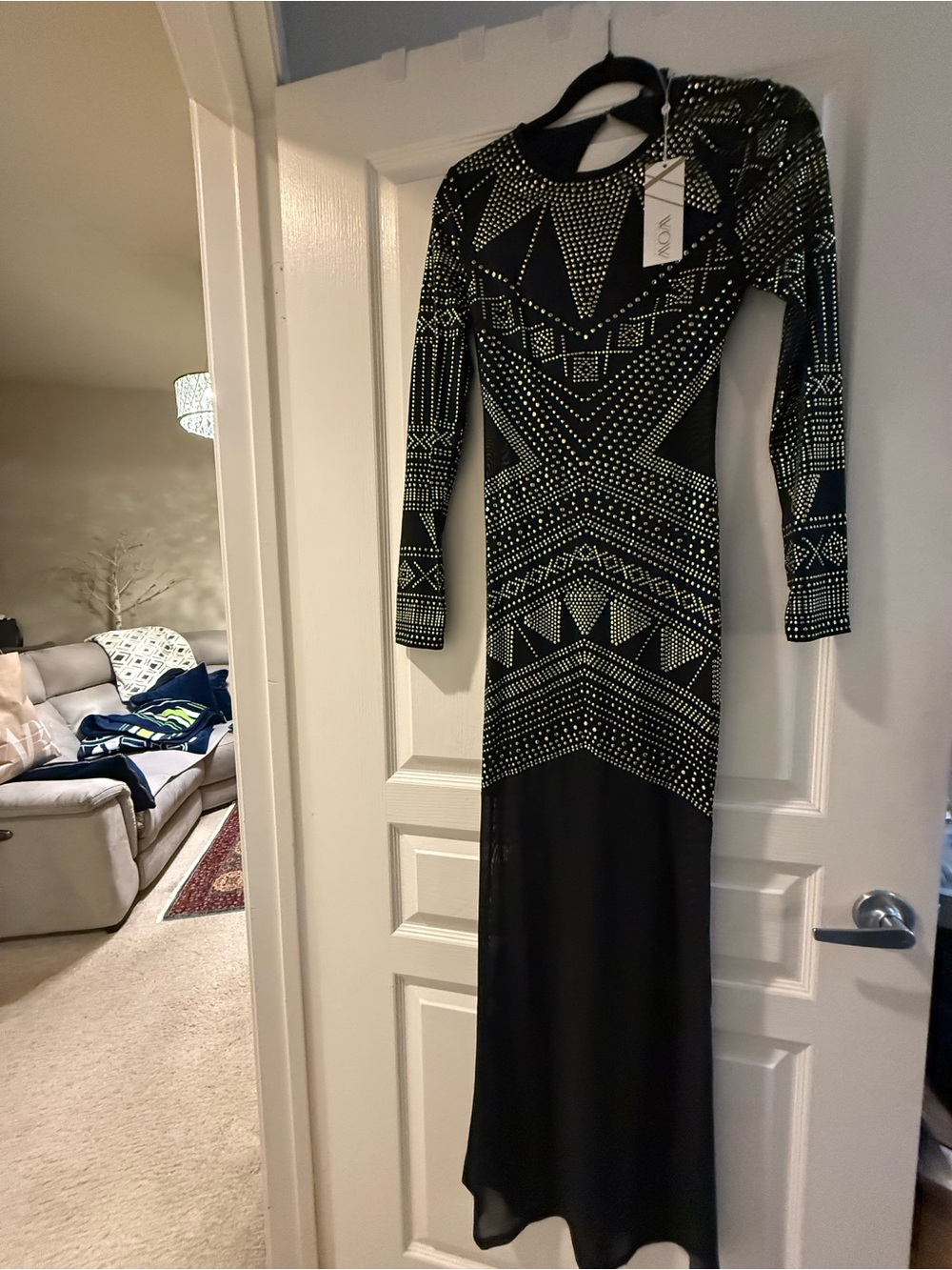 Long Sleeve Black Embellished Evening Dress by